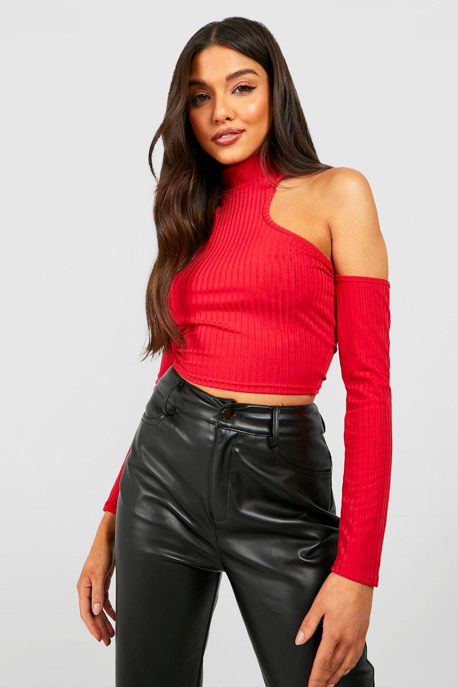 Red Rib Shoulder Cut Out Crop Top