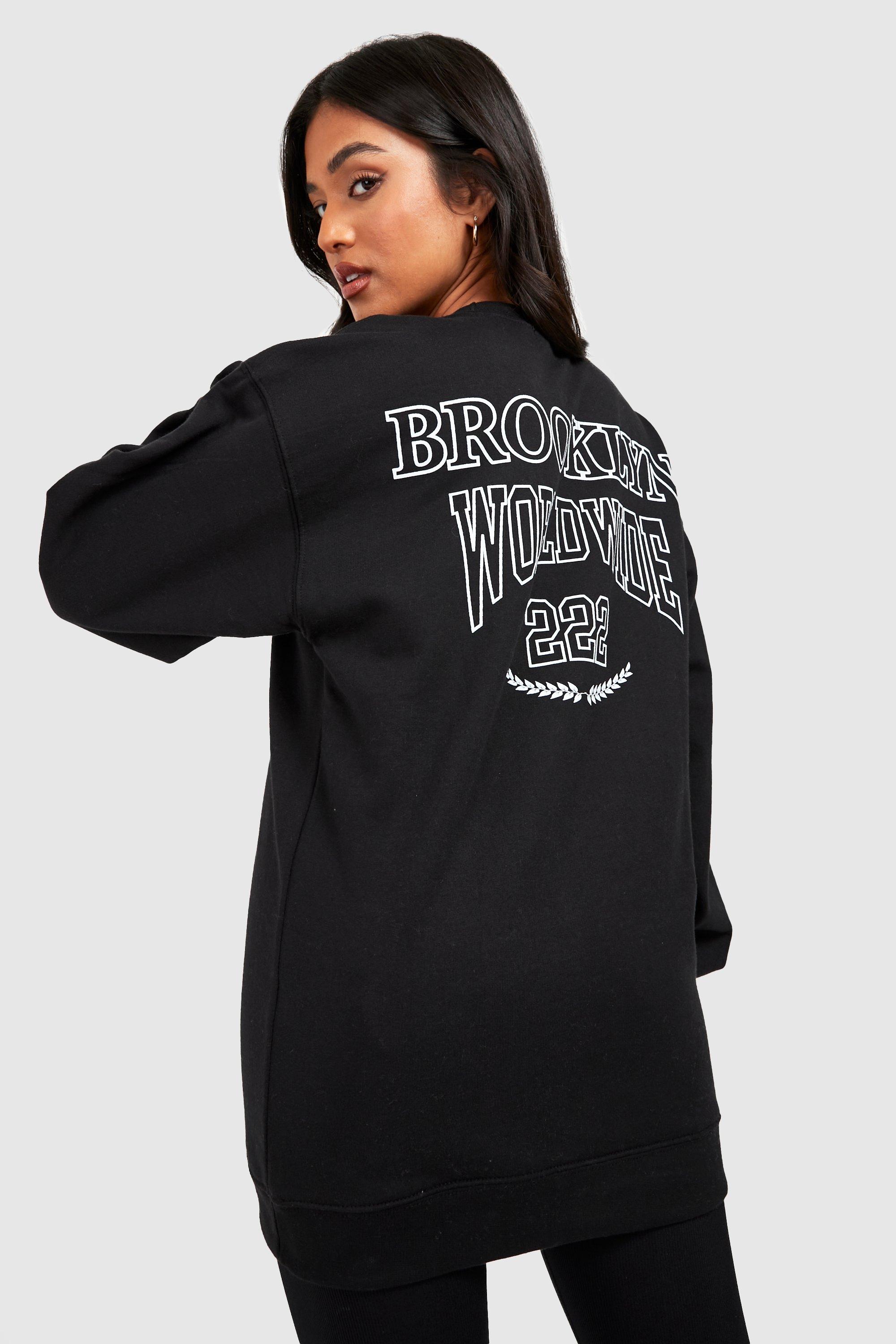 Women s Black Petite Brooklyn Back Print Sweater Boohoo UK