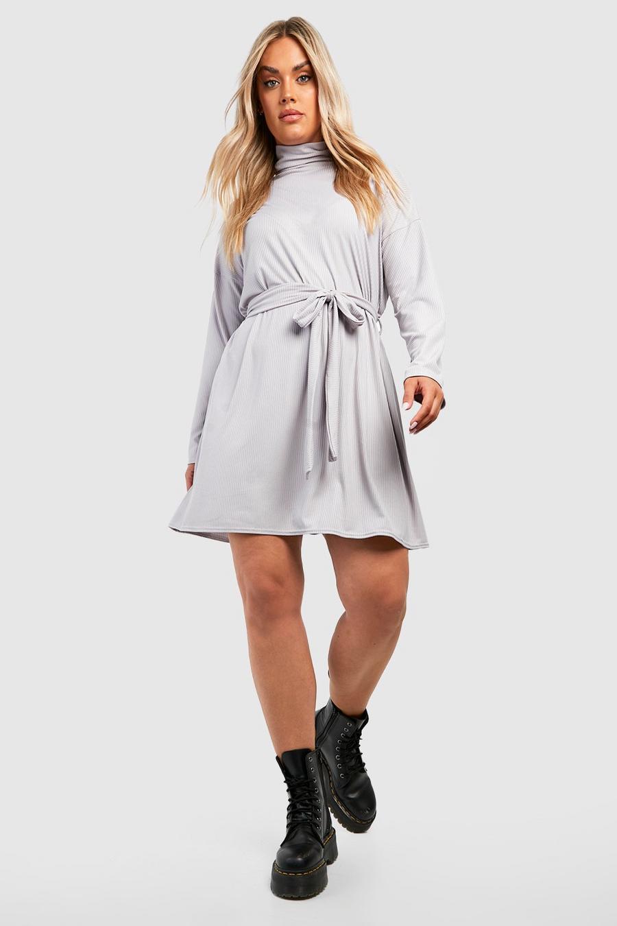 Grey Plus Ribbad klänning med polokrage och knytskärp image number 1