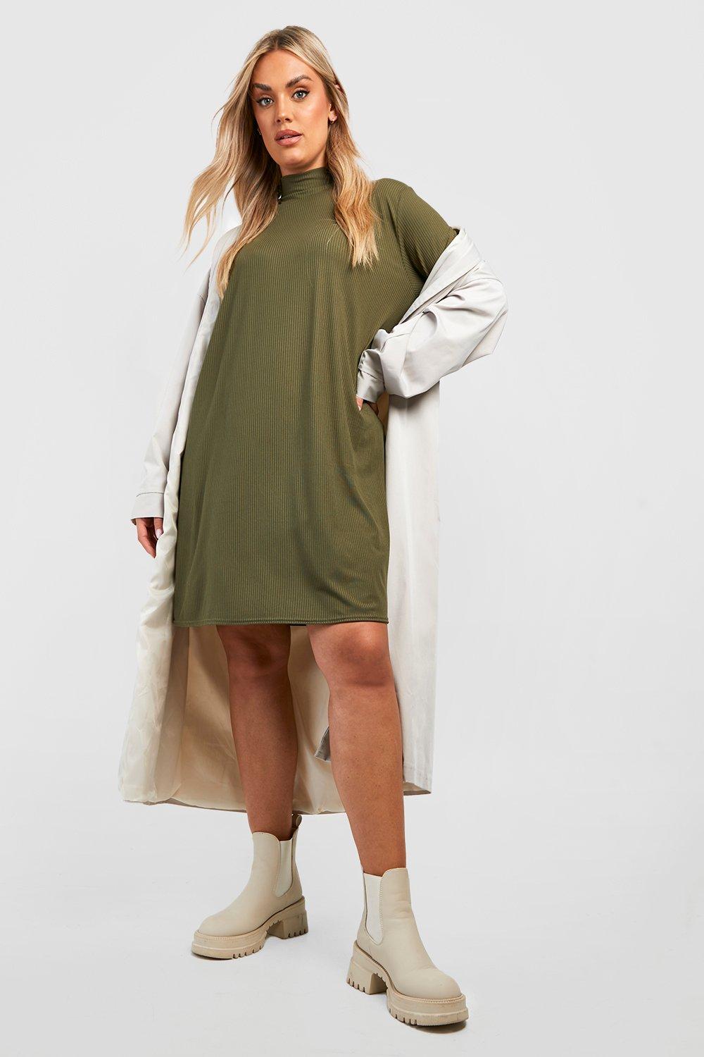 Women s Plus Jumbo Rib Roll Neck Swing Dress Boohoo UK