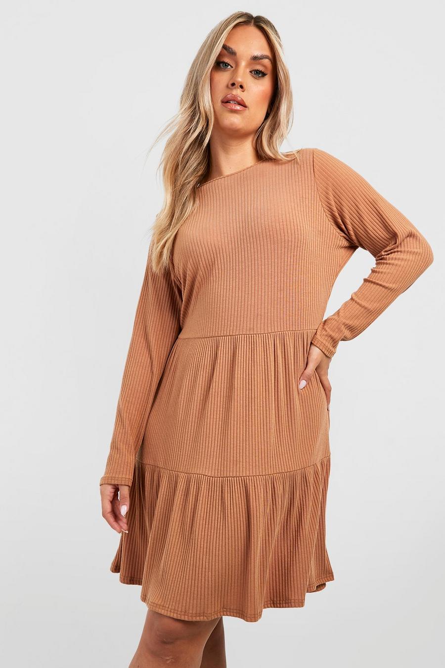 Camel Plus Soft Rib Tiered Long Sleeve Smock Dress image number 1