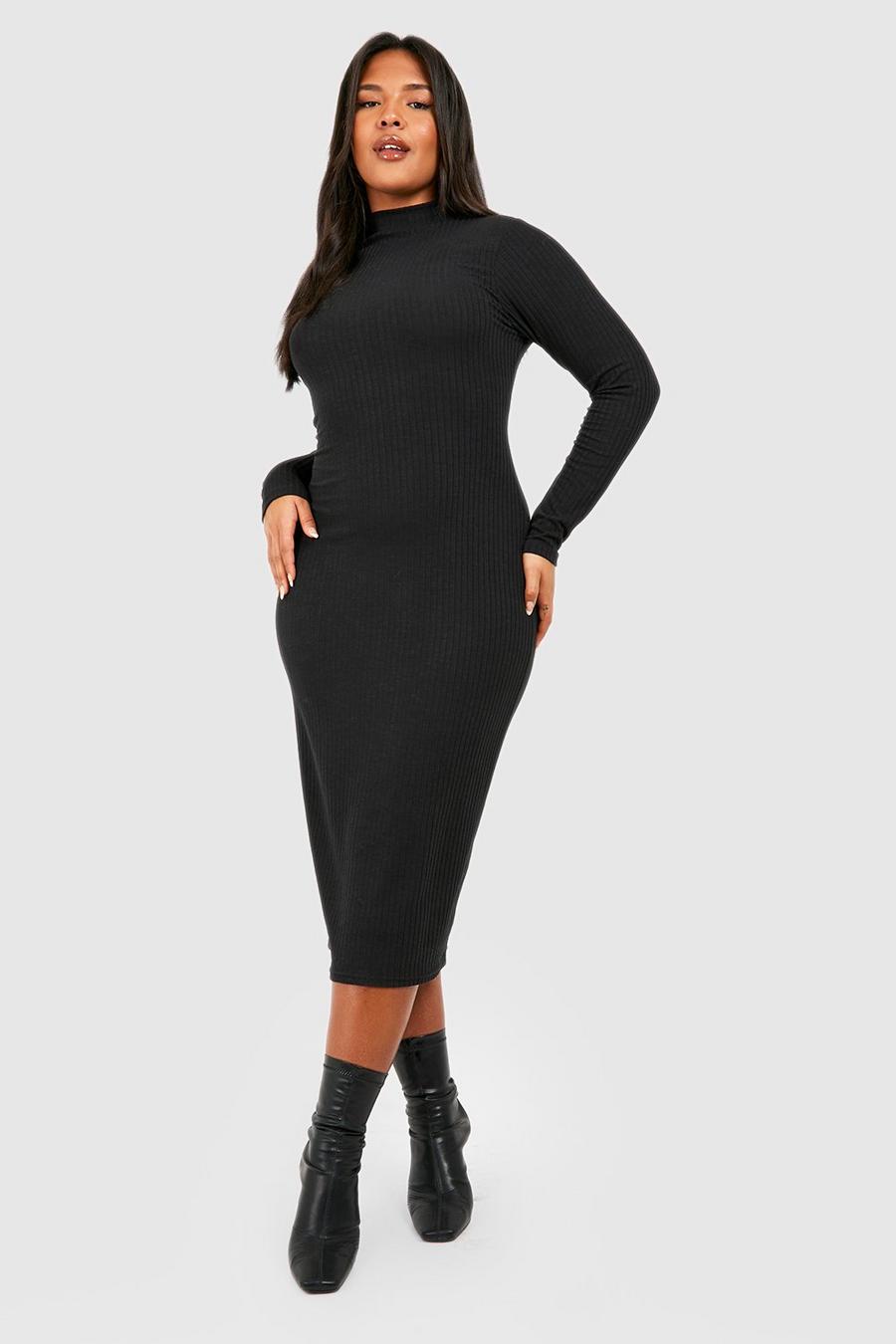 Black Plus Soft Rib Turtleneck Midi Dress image number 1