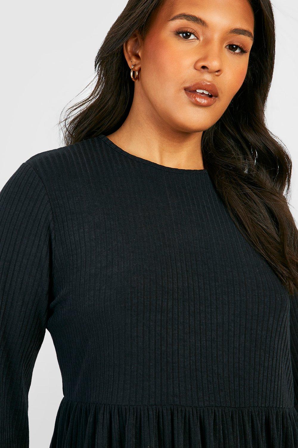 Plus Soft Rib Ruffle Cuff Smock Dress boohoo