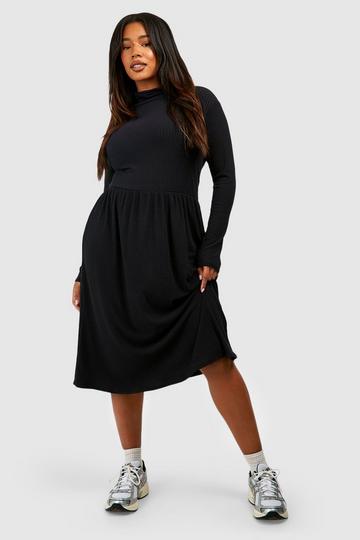 Plus Roll Neck Long Sleeve Soft Rib Midi Smock Dress black