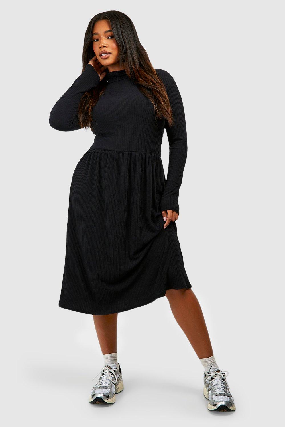Plus Turtleneck Long Sleeve Soft Rib Midi Smock Dress | boohoo USA