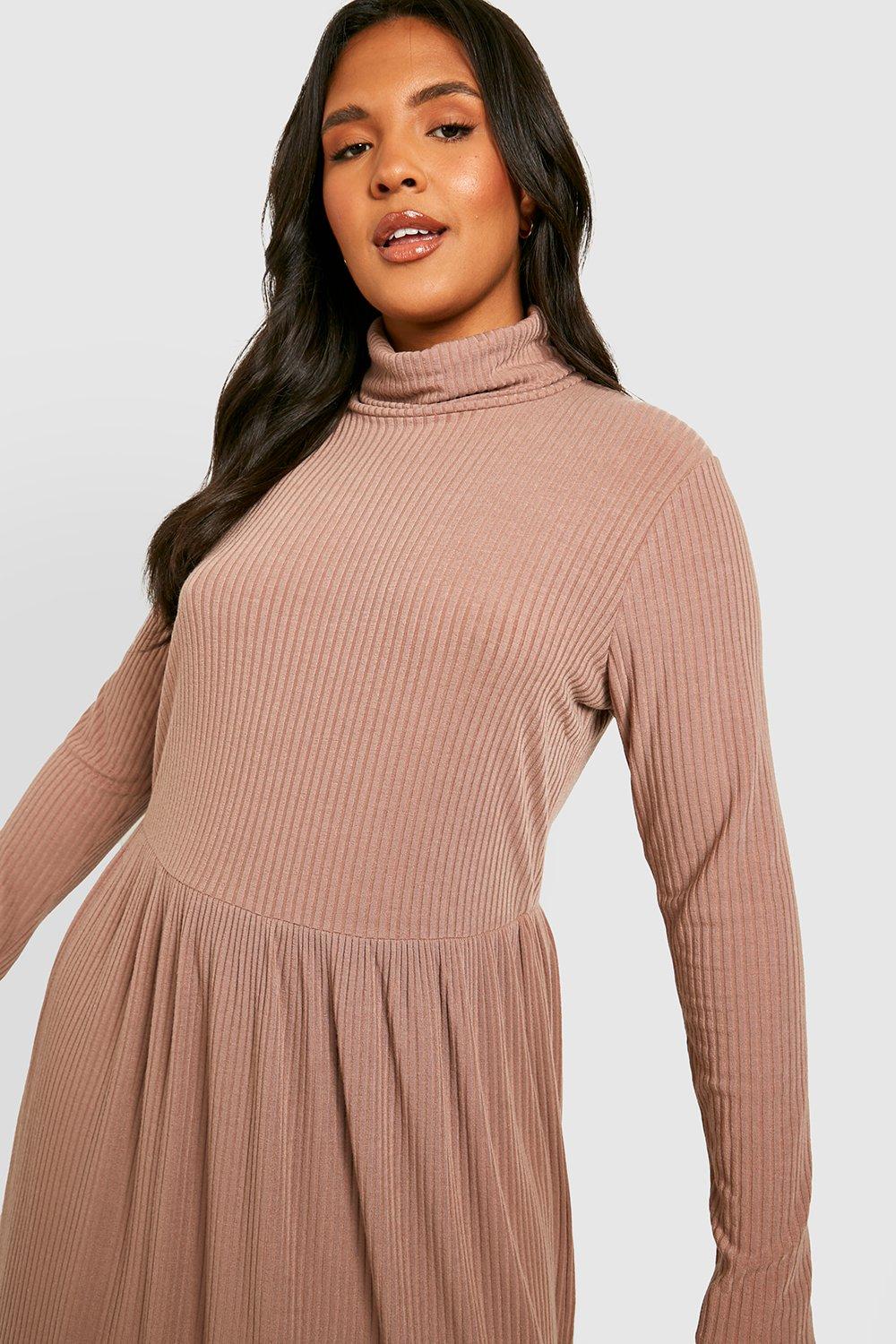 Plus Turtleneck Long Sleeve Soft Rib Midi Smock Dress