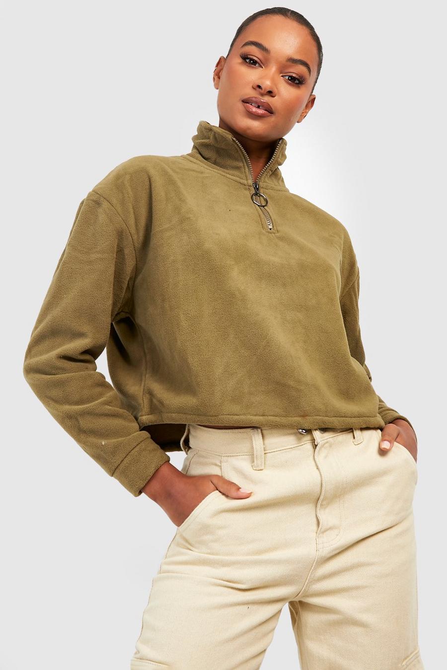 Khaki Tall Cropped Fleece Half Zip Toggle Sweatshirt image number 1