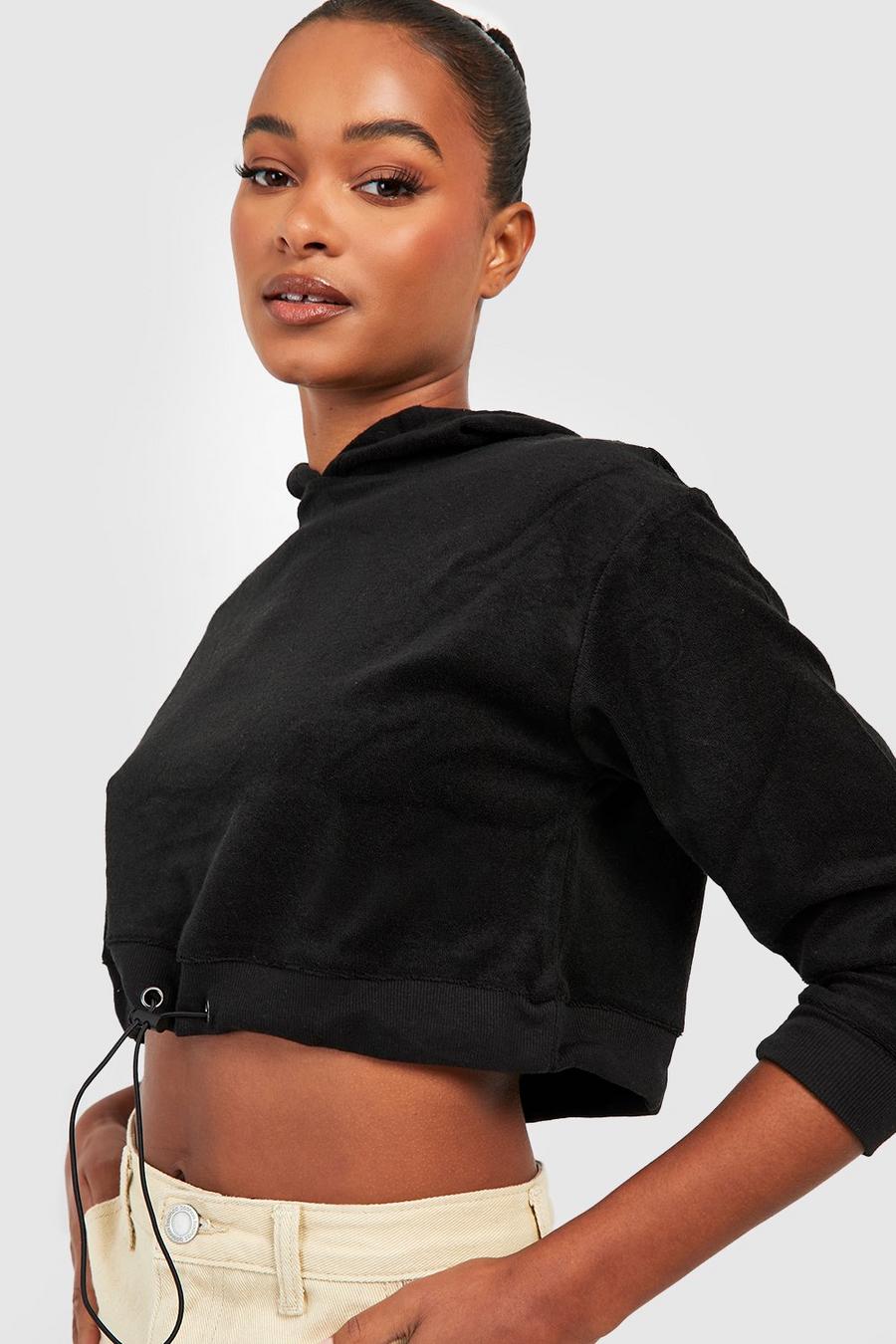Black Tall Cropped Toggle Towelling Hoodie image number 1
