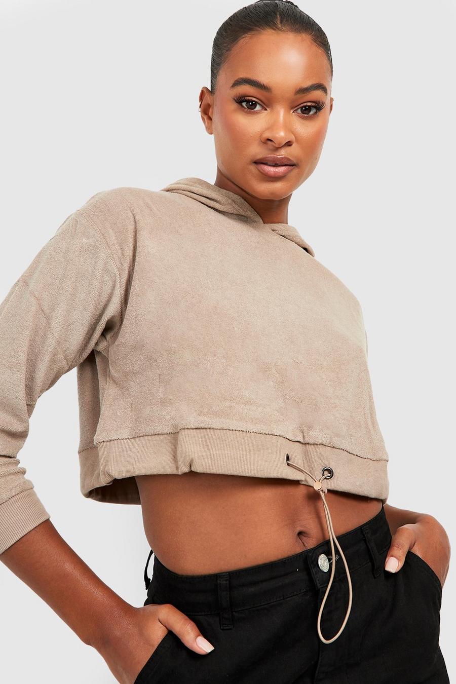 Stone Tall Cropped Toggle Towelling Hoodie image number 1