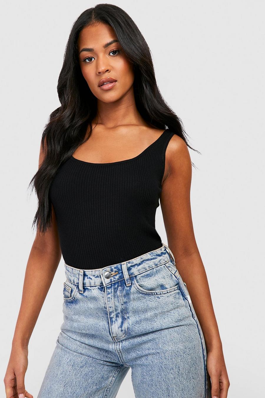 Black Tall Square Neck Rib Knit Crop Top image number 1