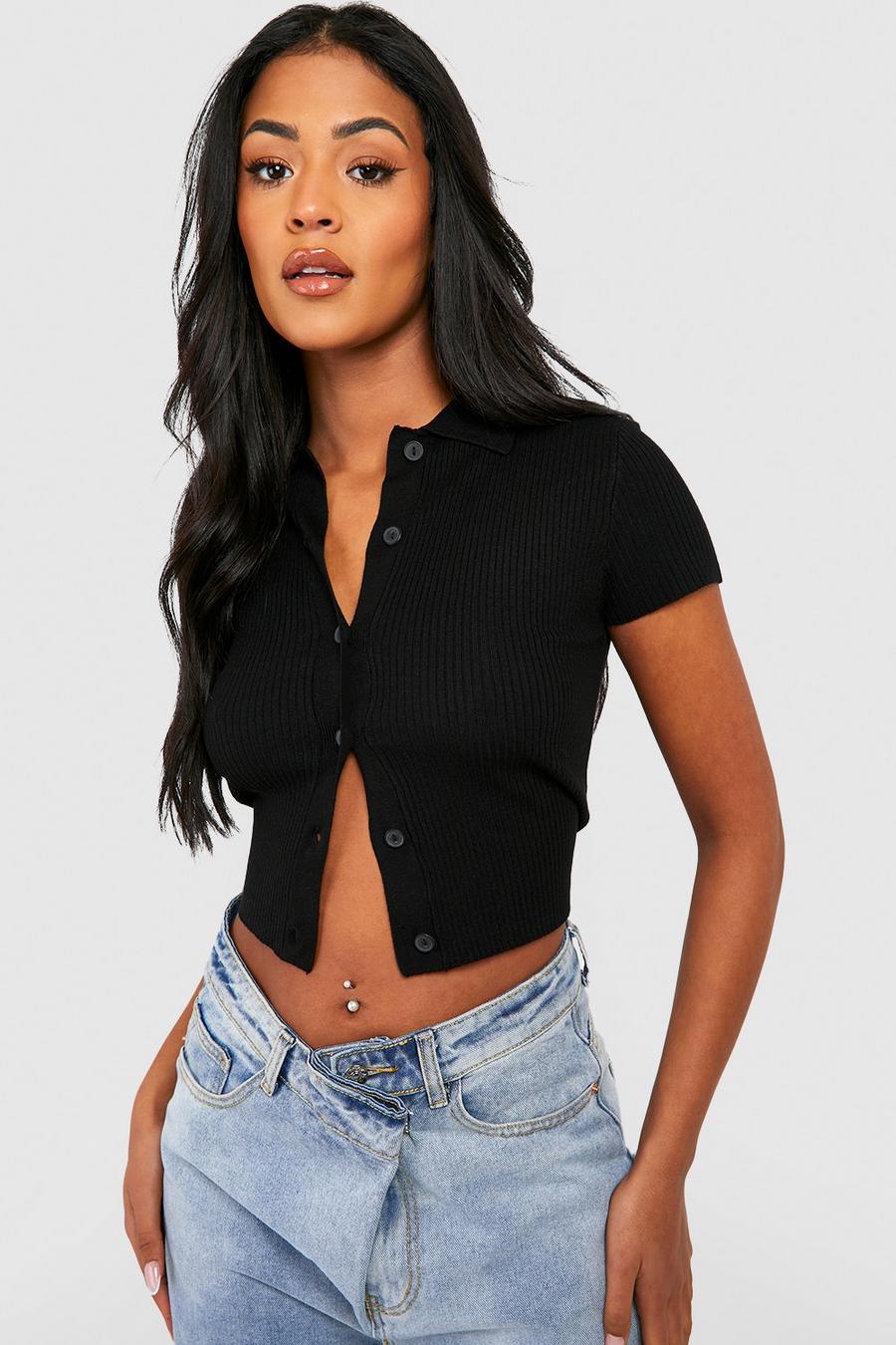 Black Tall Collared Button Front Cap Sleeve Rib Knit Crop Top image number 1
