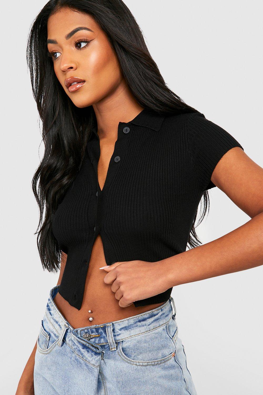 Button-Front Rib-Knit Top