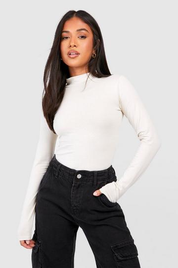 Petite Basic High Neck Long Sleeve Bodysuit stone