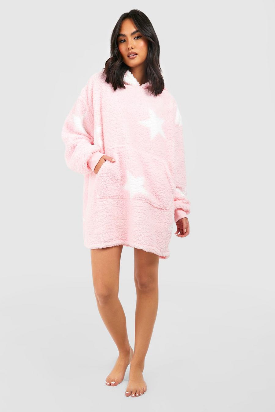 Pink rosa Star Print Borg Fleece Oversized Blanket Hoodie