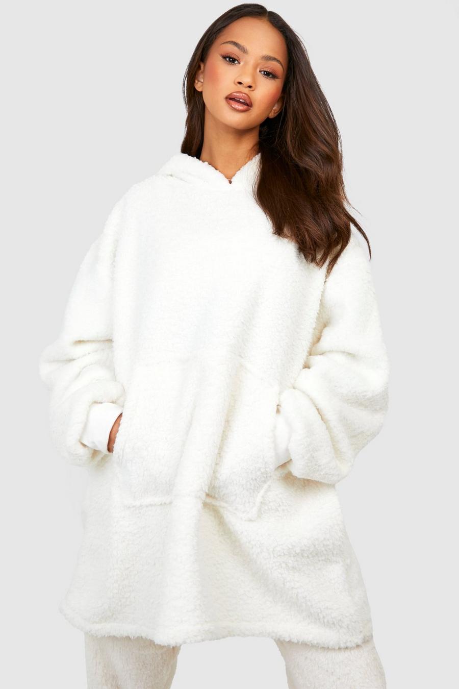 Cream blanco Borg Fleece Oversized Blanket Hoodie
