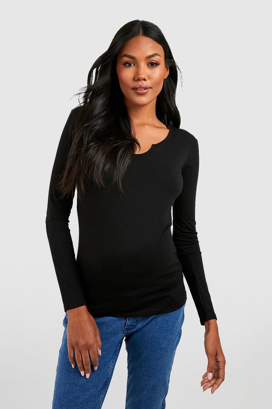 Black Maternity Basic Notch Neck Long Sleeve Top image number 1
