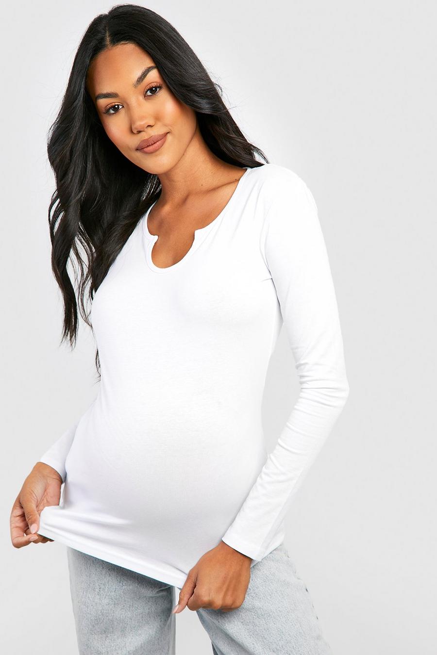 White Maternity Basic Notch Neck Long Sleeve Top