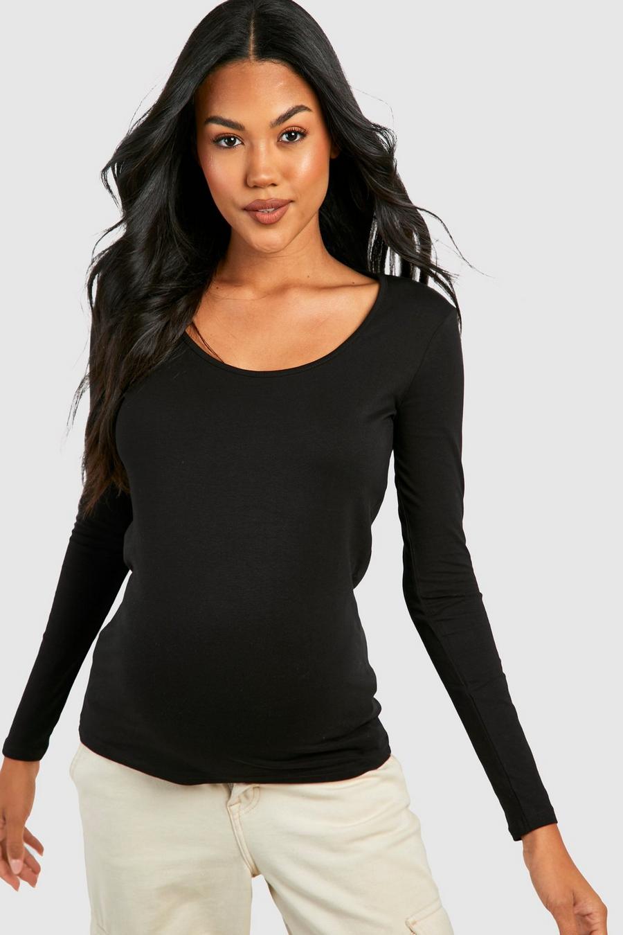 Black Maternity Basic Long Sleeve Scoop Neck Top