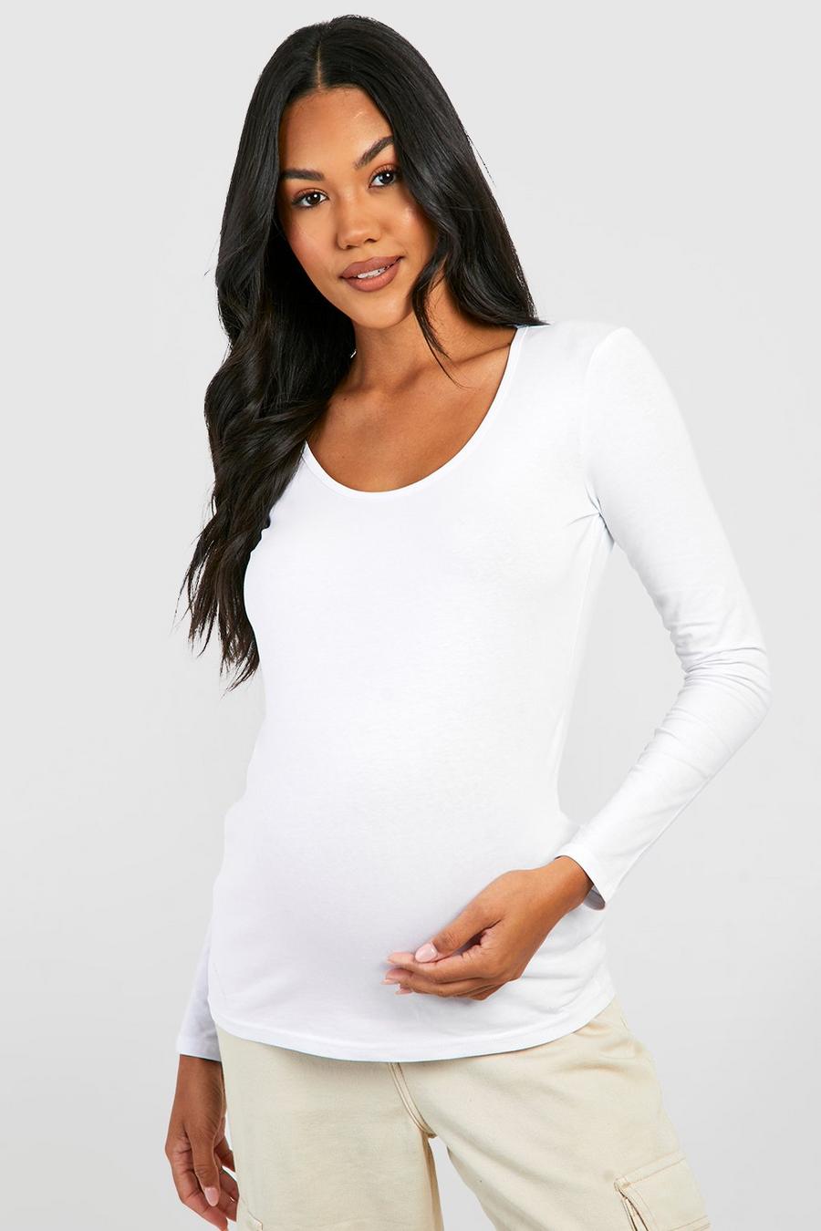 White Maternity Basic Long Sleeve Scoop Neck Top image number 1