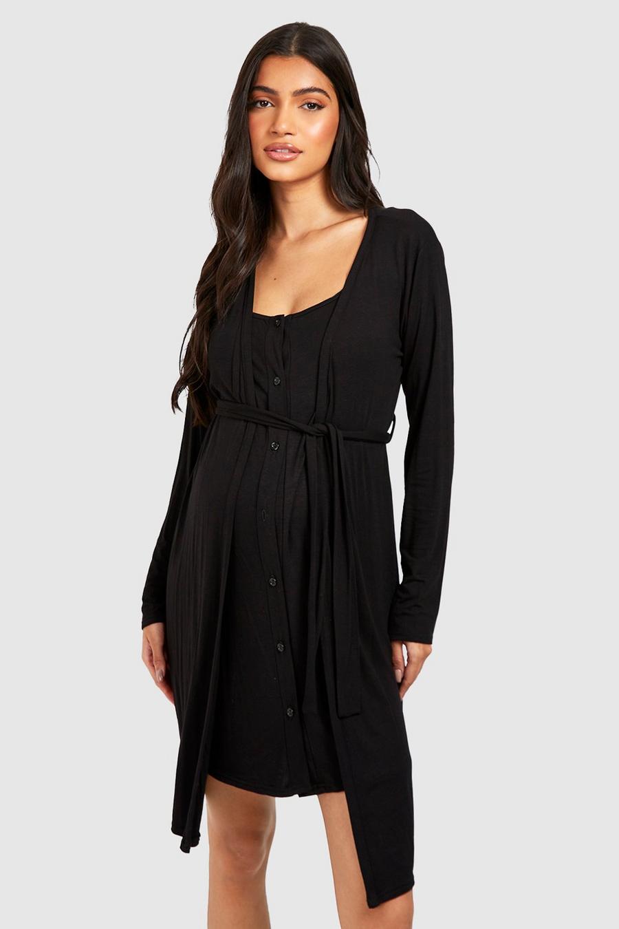 Black Maternity Button Front Nightgown And Robe image number 1