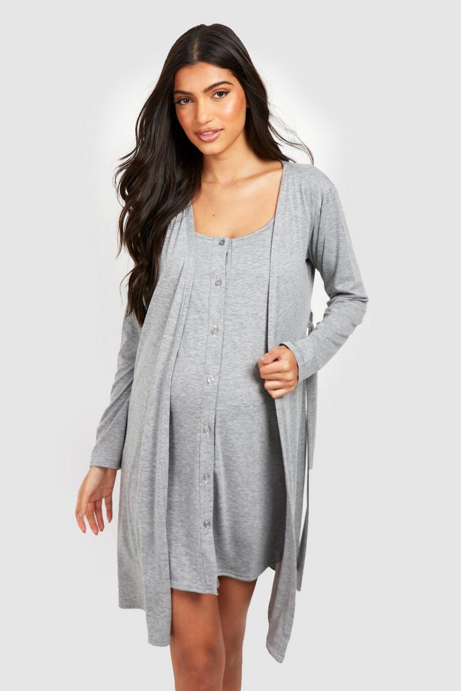 Grey marl Maternity Button Front Nightie And Robe
