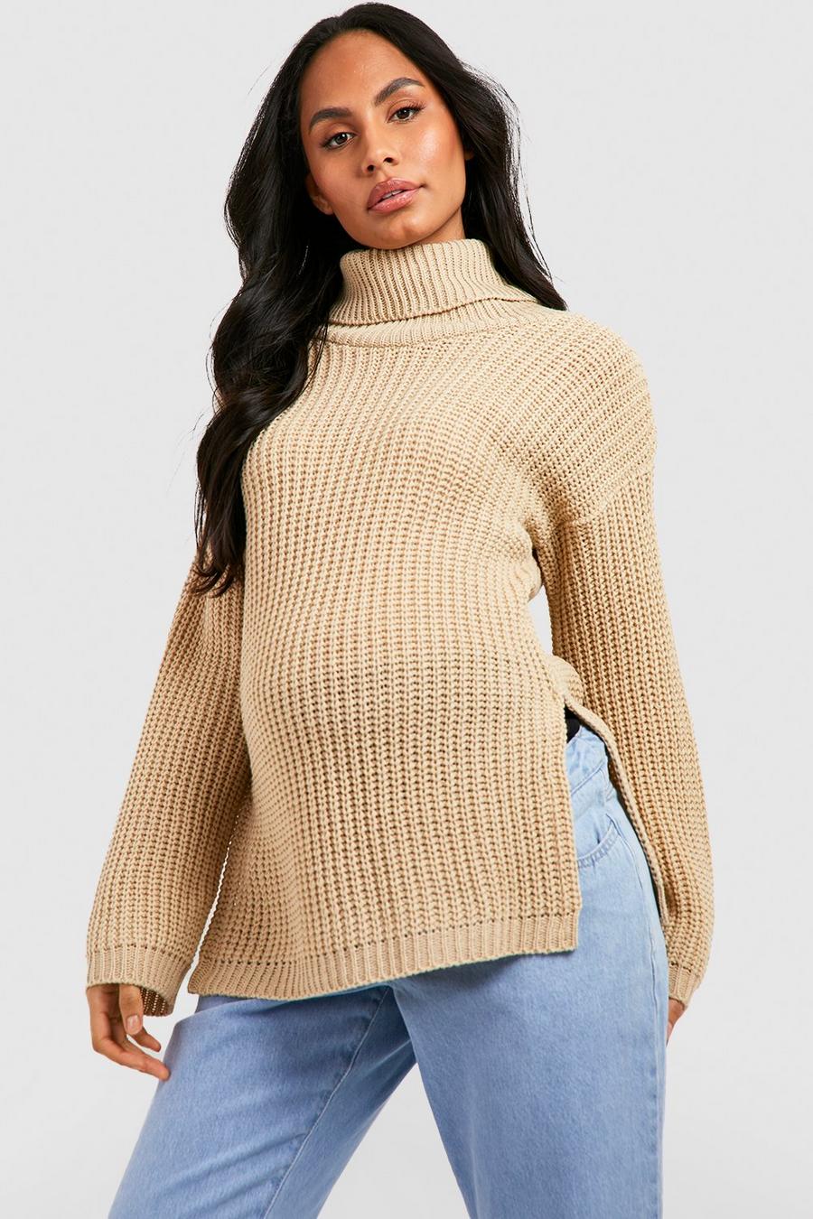 Beige Maternity Slouchy Cowl Neck Jumper image number 1