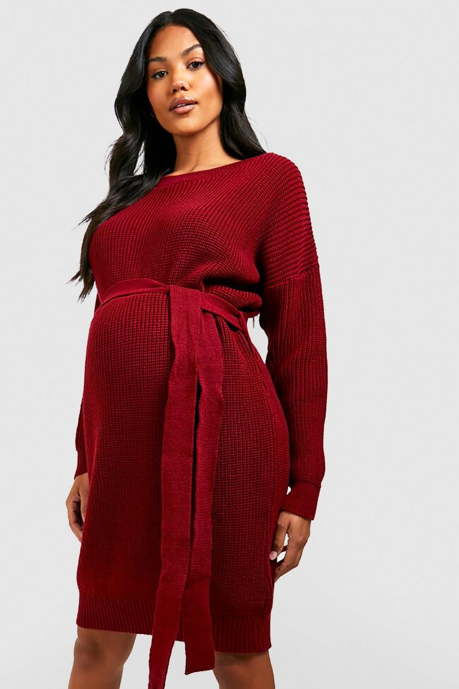 Wine red Maternity Soft Knit Tie Waist Sweater Dress image number 1