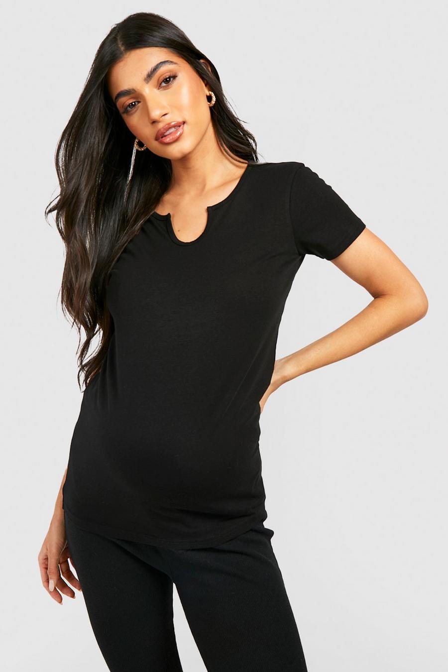 Black Maternity Basic Notch Neck T-shirt