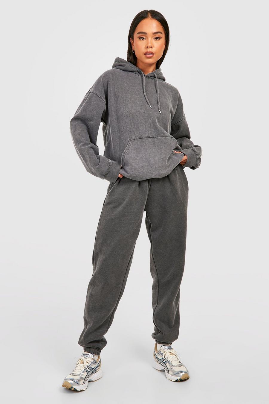 Conjunto Petite de pantalón deportivo y sudadera con capucha, bolsillo y lavado de ácido, Grey image number 1