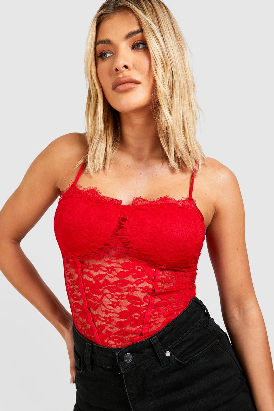Red Strappy Lace Corset Top image number 1