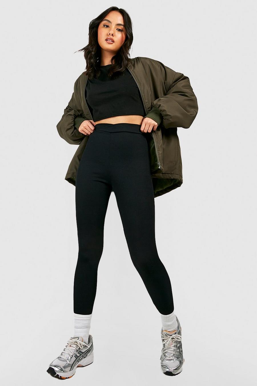 Black Wrap V Waistband Rib Knit Leggings image number 1