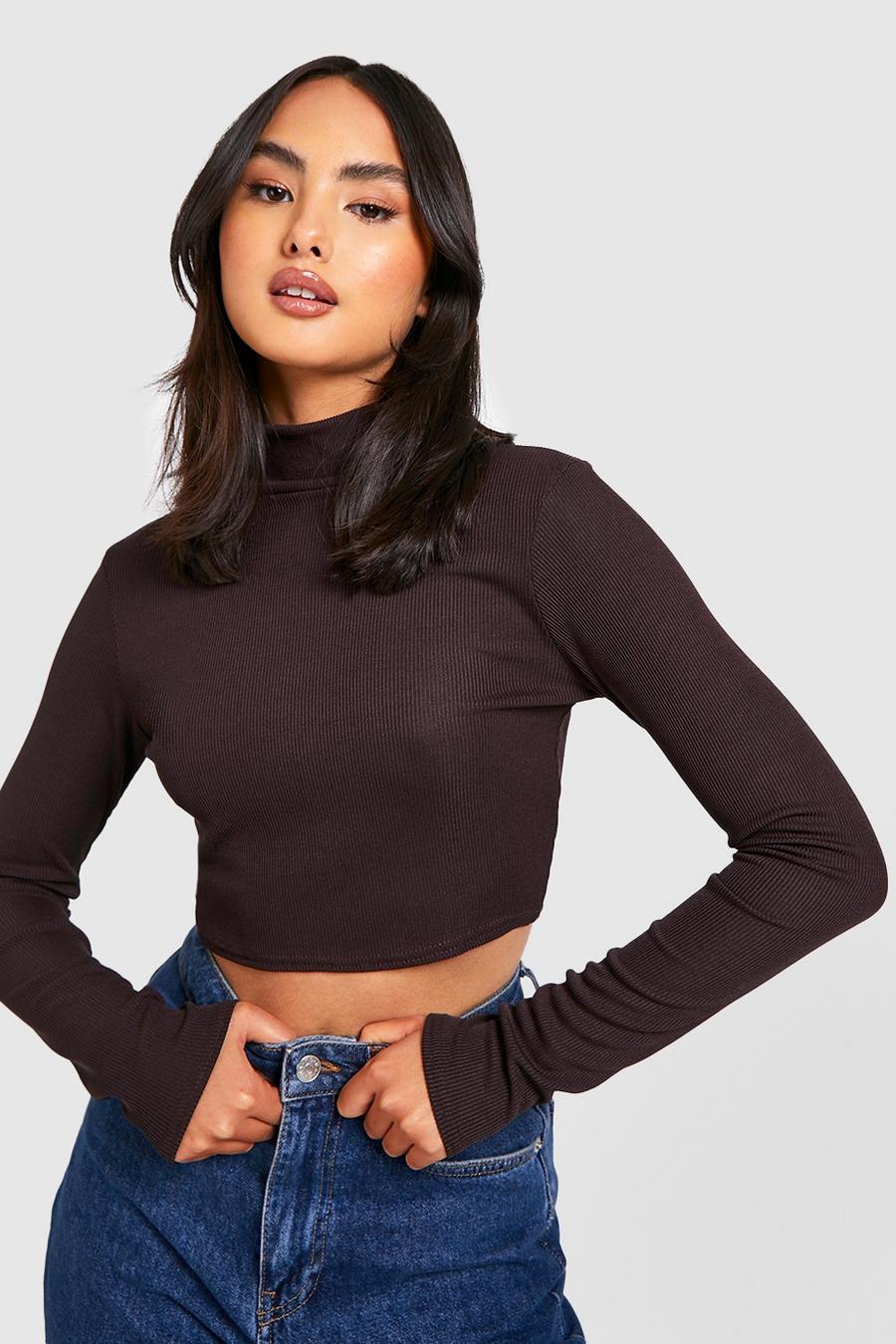 Chocolate brown Roll Neck Crop Rib Knit Top