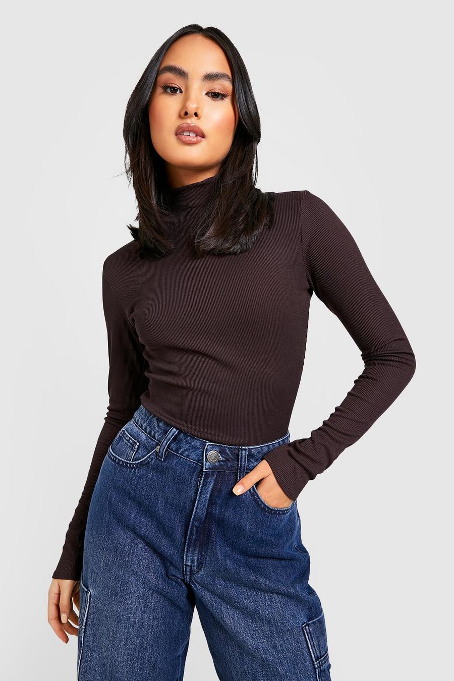 Chocolate Roll Neck Short Sleeve Rib Knit Top image number 1