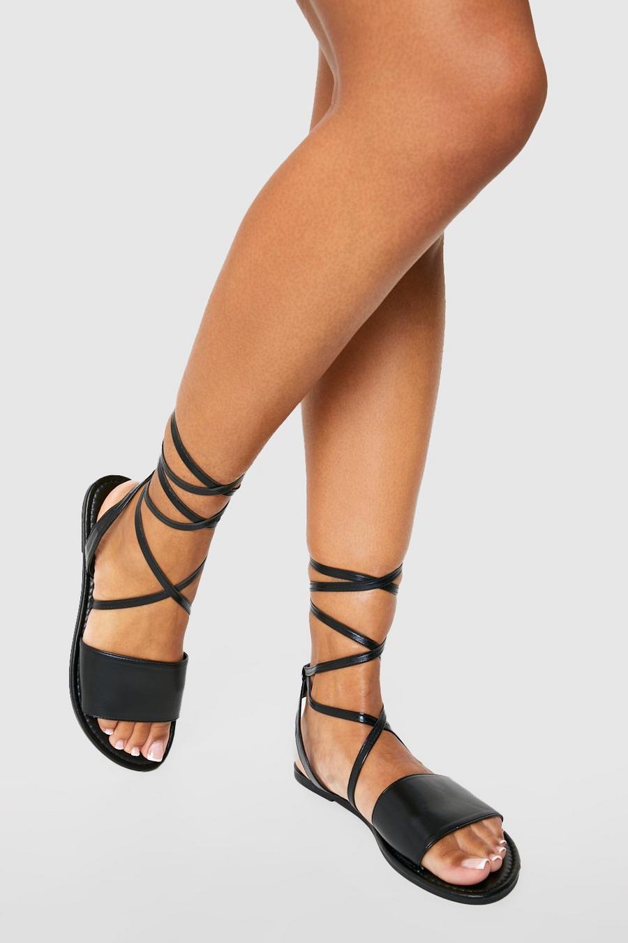 Black Strappy Tie Leg Sandals image number 1