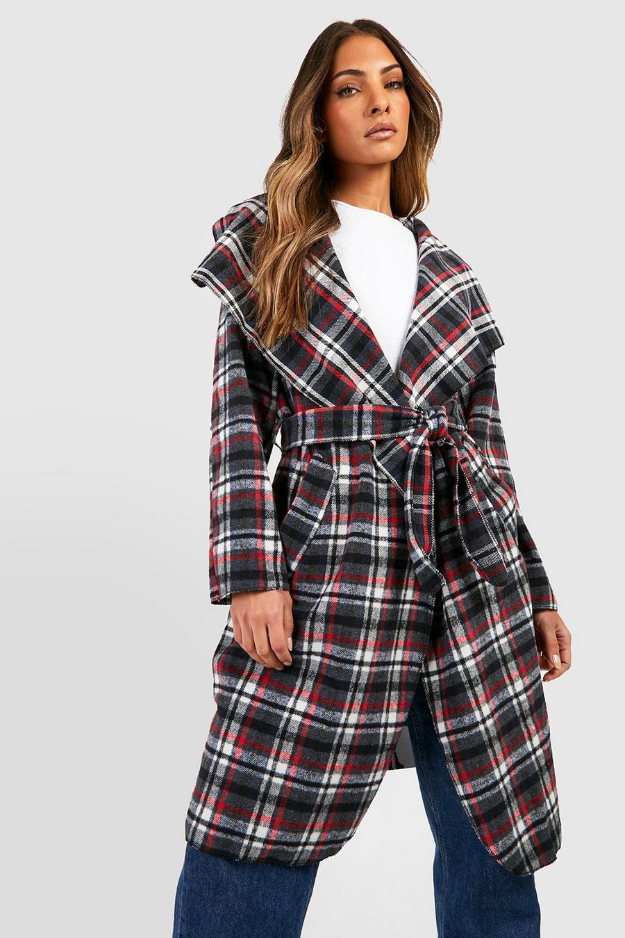 Black Check Belted Shawl Collar Coat