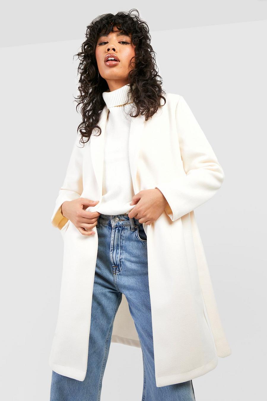 Manteau effet laine à ceinture, Cream blanc