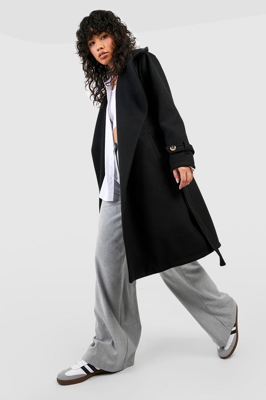 Black Belted Wool Look Trench image number 1