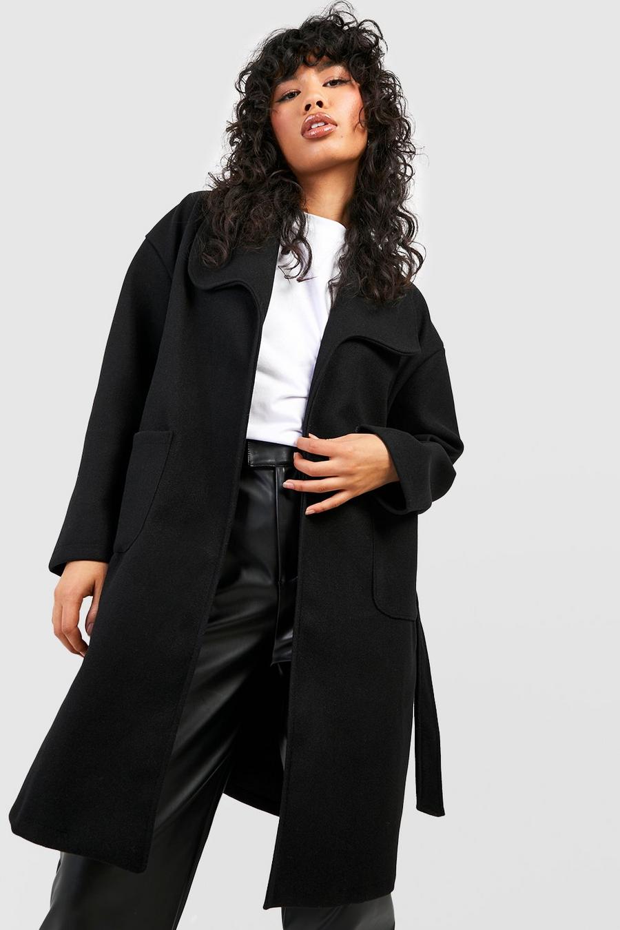 Black schwarz Belted Shawl Collar Coat