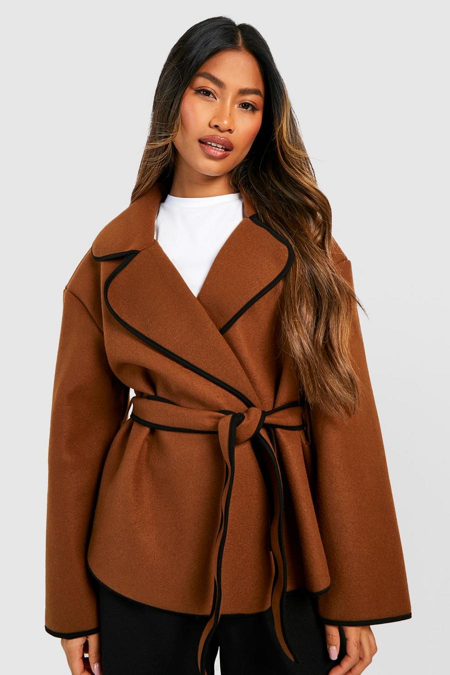 Manteau à ceinture et ourlet contrastant, Chocolate brown