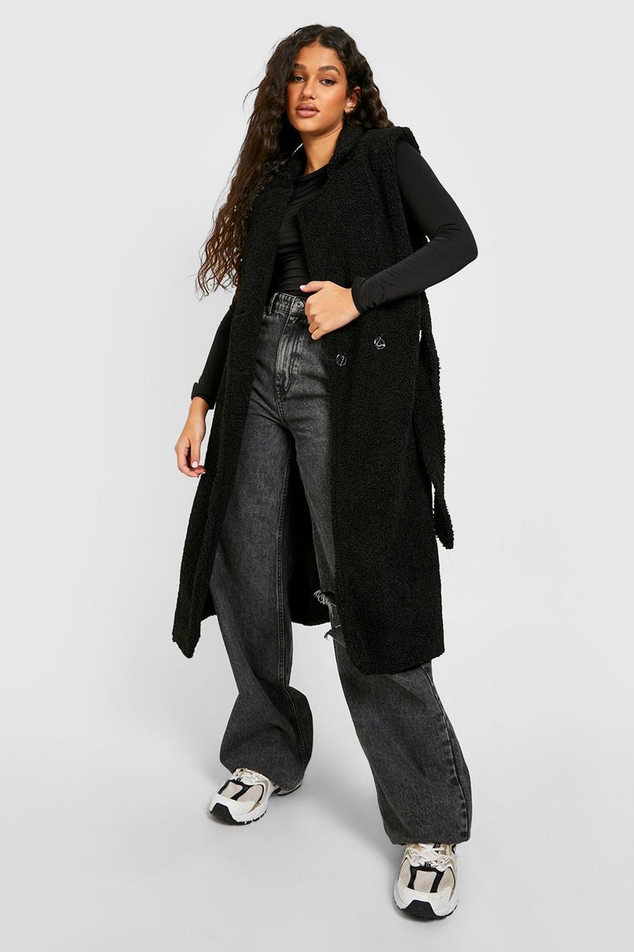 Black Teddy Faux Fur Belted Sleeveless Trench