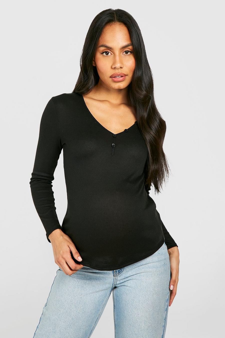 Black Maternity Rib Button Long Sleeve T-shirt