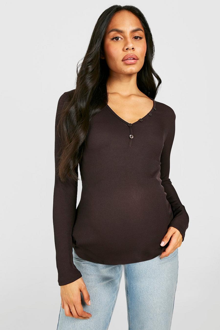 Chocolate brown Maternity Rib Button Long Sleeve T-shirt