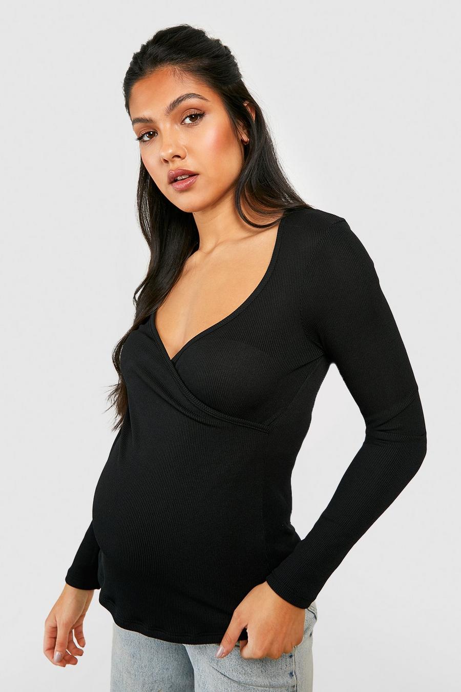 Black Maternity Nursing Wrap Long Sleeve T-shirt
