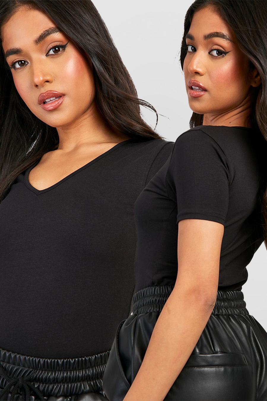 Women's Black Petite 2 Pack V Neck Short Sleeve Bodysuit