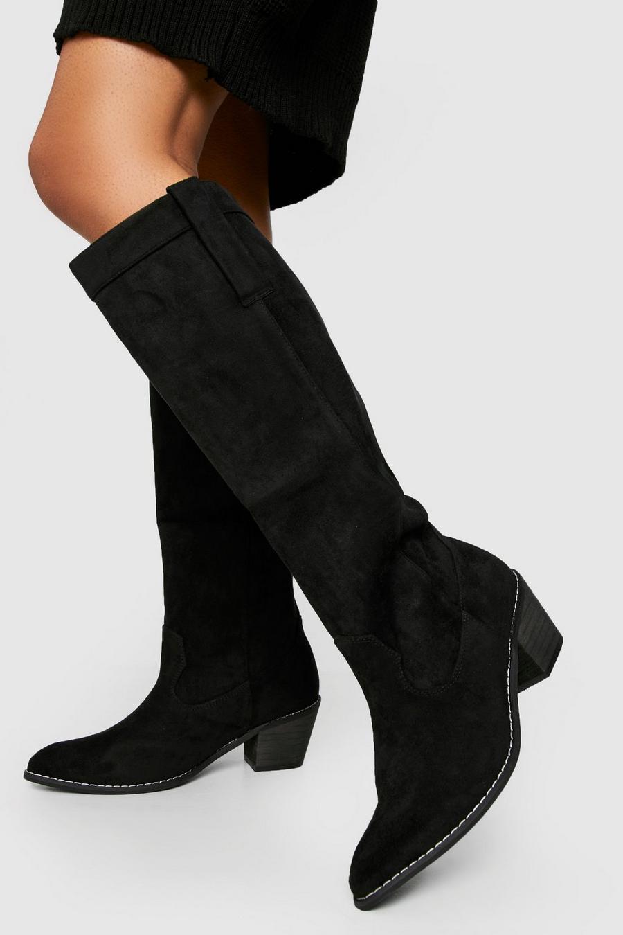 Black Wide Fit Knee High Pull On Western Cowboy Boots image number 1