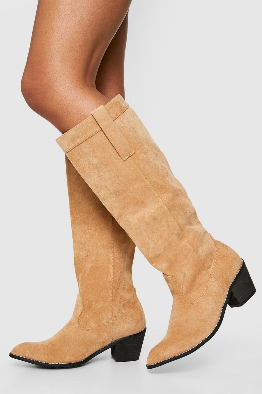 Tan brun Wide Fit Knee High Pull On Western Cowboy Boots