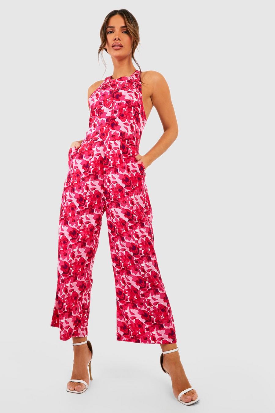 Pink Floral Print Culotte Jumpsuit