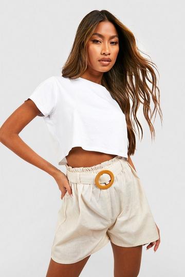 Stone Beige Cotton Belted High Waist Shorts