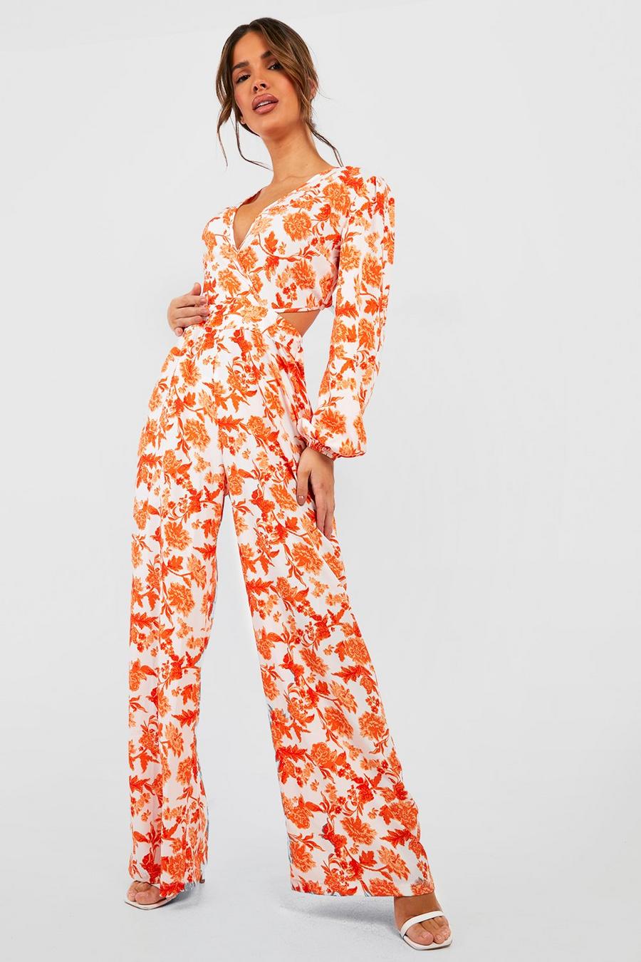 Orange Floral Wrap Cut Out Jumpsuit  image number 1