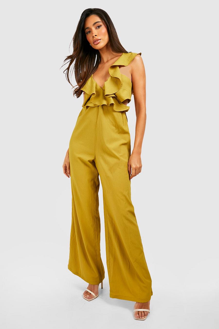 Olive Textured Ruffle Jumpsuit  image number 1